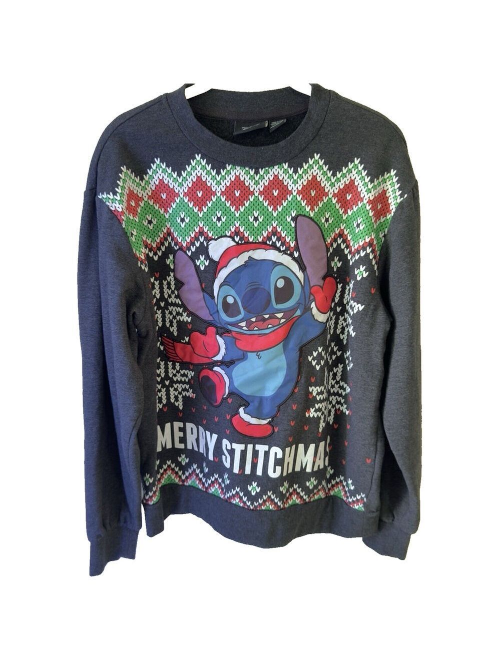 Disney Gray Merry Stitchmas Ugly Christmas Sweater W's M-L Satin Patch Pullover
